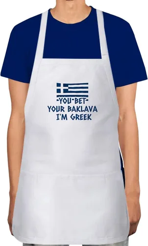 Makoroni - YOU BET YOUR BAKLAVA I'M GREEK - Delantal griego de cocina ajustable con 2 bolsillos para cocinar, hornear, DesN49, Blanco