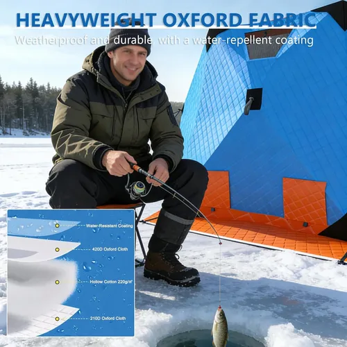 Miniatura 6 de Refugio portátil de pesca en hielo para 3 a 8 personas, tienda de campaña de pesca en hielo con aislamiento hexagonal con bolsa de transporte