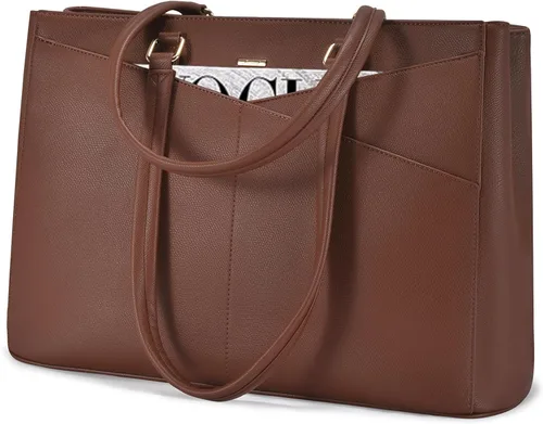 Miniatura 33 de LOVEVOOK Bolsa de mano para computadora portátil para mujer, bolsas de trabajo de cuero de 15.6 pulgadas con soporte grande para tazas para Negro