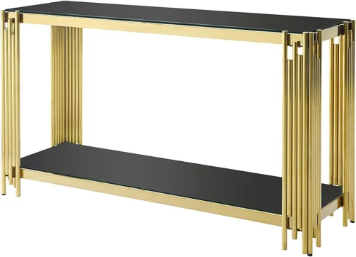 Miniatura 5 de Mesa consola moderna de cristal, mesa de sofá dorada de 55 pulgadas con marco de metal resistente y parte superior de vidrio templado negro