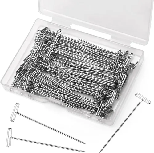 120 pines en T de 2 pulgadas, alfileres para peluca para cabeza de espuma con caja transparente de plástico, pasadores en T de costura para bloquear