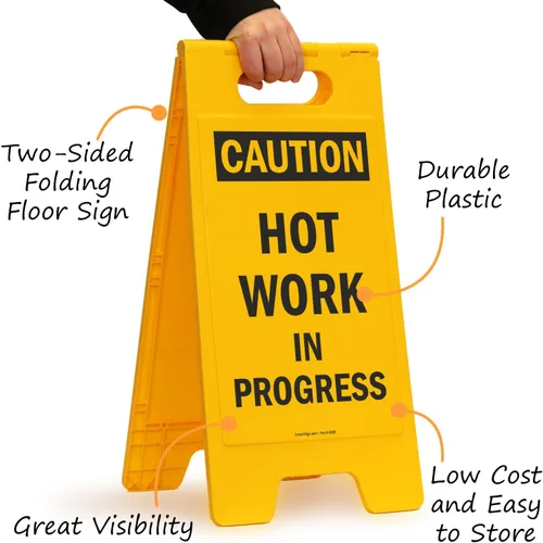 Miniatura 5 de SmartSign Letrero plegable de plástico con texto en inglés "Caution - Hot Work In Progress" de 25 x 12 pulgadas, color negro y amarillo Hot Work in