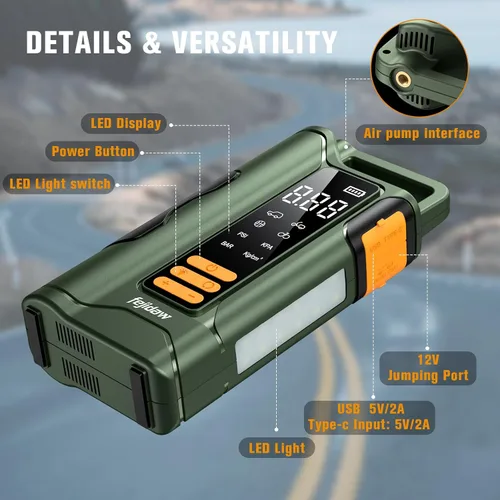 Miniatura 5 de Arrancador con compresor de aire, batería de automóvil de 6000 A, arrancador de batería de 20000 mAh portátil para motor de gasolina/diésel de 10