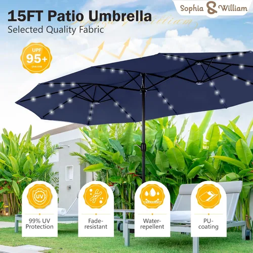 Miniatura 5 de Sophia & William Sombrilla de patio extragrande de 15 pies con luces solares, sombrilla rectangular para exteriores con base incluida, sombrilla