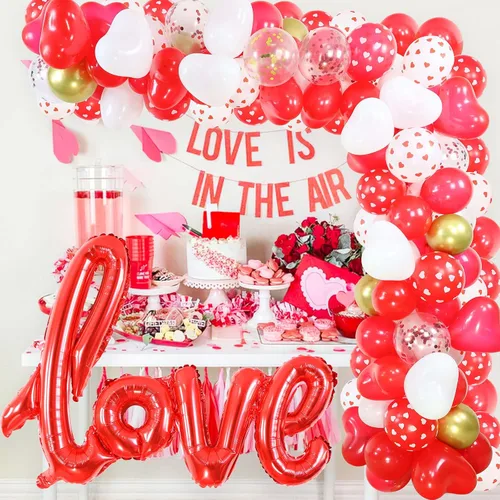 Miniatura 5 de Kit de guirnalda de arco de globos para el día de San Valentín, globos de corazón de confeti rojo y blanco con globo de amor de 40 pulgadas, 300