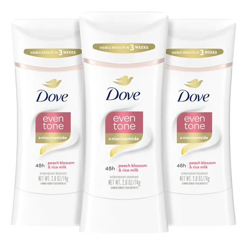 Dove Even Tone - Desodorante antitranspirante en barra con flor de durazno y leche de arroz, 3 unidades, 2.6 onzas