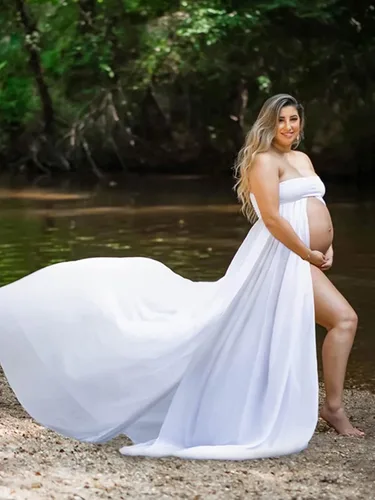 Miniatura 6 de Vestido de maternidad sin tirantes para mujer, con hombros descubiertos, para fotografía, vestido de gasa con abertura frontal para sesión de fotos