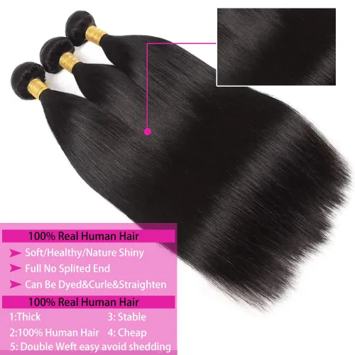 Miniatura 2 de Extensiones de cabello humano lacio 10A, 26, 28, 30 pulgadas, 3 manojos de cabello lacio 100% sin procesar, brasileño, largo, virgen, color negro