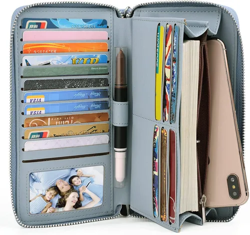Miniatura 6 de UTO Cartera de cuero con cremallera alrededor de tarjetero organizador de pasaporte para damas con cartera de viaje con correa de muñeca