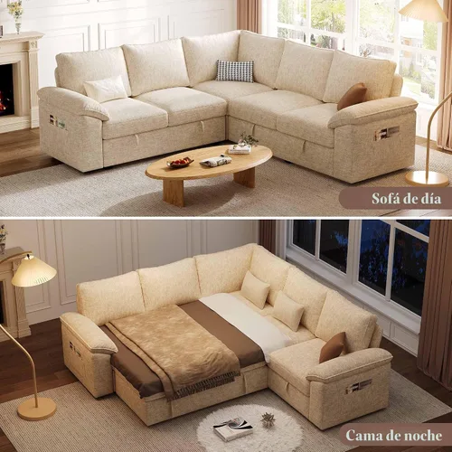 Miniatura 4 de Sofá Seccional Modular de 85 Pulgadas con Cama Extraíble, Sofá Cama Seccional en Forma de L de 5 Asientos con Almacenamiento, Sofás Seccionales