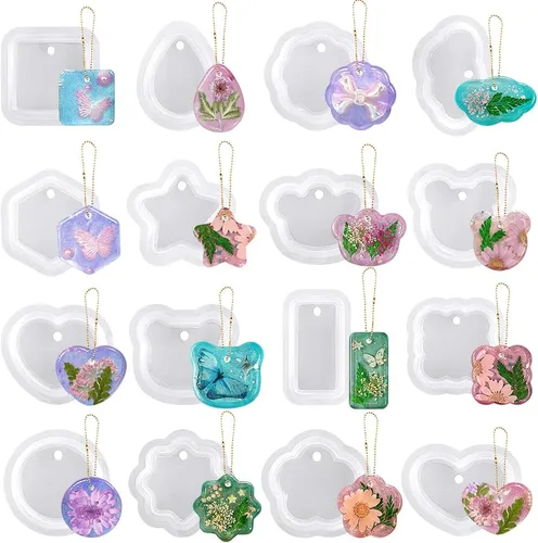 RESINWORLD 16 piezas Moldes de Silicona para Colgantes Geométricos Variados con Agujero para Colgar, Molde de Resina UV para Joyería, Moldes para