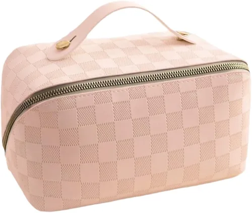 Miniatura 13 de Bolsas de maquillaje a cuadros de gran capacidad, bolsas de cosméticos portátiles de viaje, bolsa de aseo abierta y plana para mujeres y niñas
