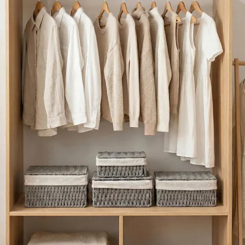 Miniatura 8 de Cestas de almacenamiento con tapas, juego de 3, cestas de mimbre tejidas anidables, cestas decorativas con tapa para estantes, dormitorio, baño, Gris