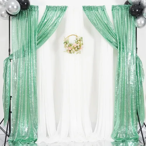 Miniatura 7 de Poise3EHome Cortina de telón de fondo de lentejuelas verde menta, 2 paneles, 2 x 8 pies, poliéster, para decoración de fiestas y bodas