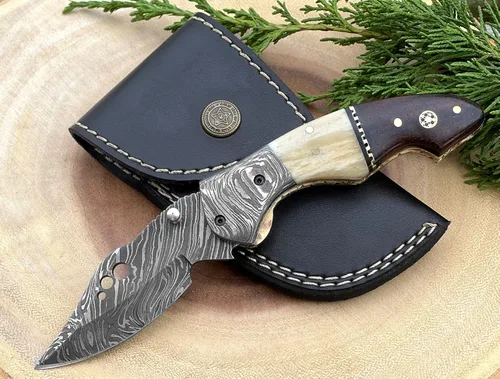 Miniatura 14 de Cuchillo de bolsillo de acero de Damasco para hombres con funda de cuero, cuchillos de caza plegables hechos a mano de 7 pulgadas, con asa, cuchillo