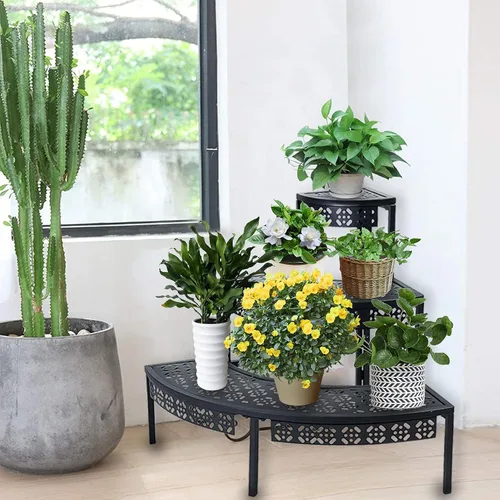 Miniatura 3 de Soporte para plantas de 3 niveles semicircular, estante organizador de macetas de flores de un cuarto redondo, soporte de exhibición de plantas al