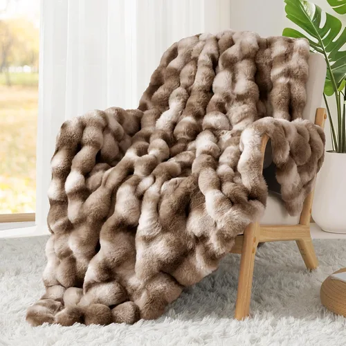 Miniatura 7 de Touchat Lujosa manta de piel sintética de conejo de 1000 GSM, súper pesada, cálida y acogedora manta marrón para sofá y cama, mullida, elegante
