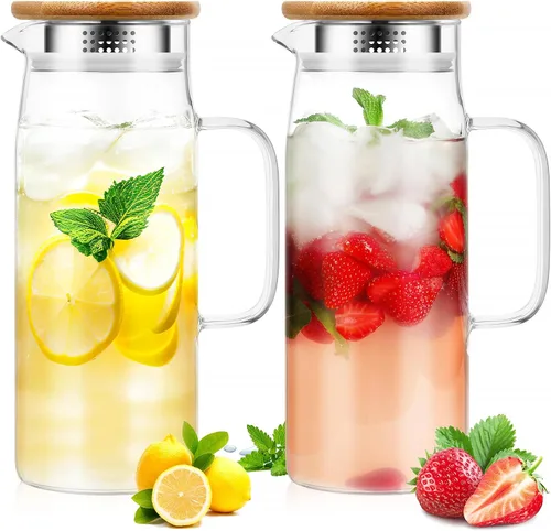 Miniatura 8 de 2 jarras de vidrio con tapa y boquilla, jarra de vidrio para agua caliente/fría con asa, jarras de té helado, jarras de bebidas para refrigerador