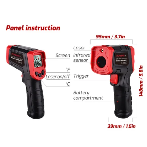 Miniatura 3 de MUFASHA Termómetro infrarrojo pistola de temperatura láser termómetro de alta temperatura con pantalla LCD pirómetro industrial sin contacto 2-Rojo