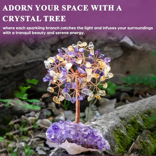 Miniatura 3 de Árbol de cristal de amatista y citrino con base en racimo, decoración del árbol de la vida para estante, dormitorio, regalos de cumpleaños para Aj