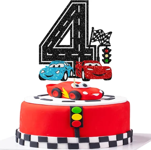 Miniatura 9 de Ephlyn 1 pieza de decoración para tarta de primer cumpleaños de coche de carreras con purpurina, decoración de tarta 1er cumpleaños para bandera a