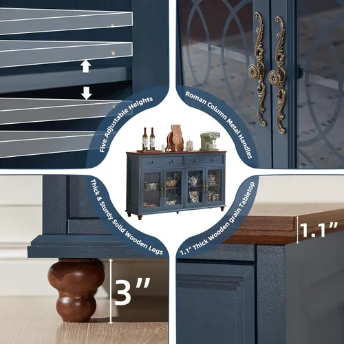 Miniatura 6 de Joaxswe Aparador de estilo rústico con almacenamiento, credenza grande de 59 pulgadas con 4 puertas de vidrio y 2 cajones, estantes ajustables, mesa
