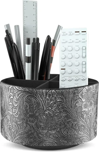 Miniatura 11 de lizimandu Organizador Redondo de Cuero para Suministros de Arte, Soporte para Control Remoto, Rotación de 360 Grados, Soporte Multifuncional