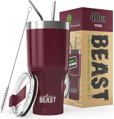 Miniatura 20 de Beast Vaso Térmico de 30 oz de Acero Inoxidable con Aislamiento al Vacío para Café y Hielo de Doble Pared Termo de Viaje (Rojo Arándano)