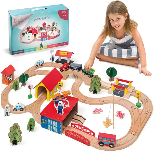 Miniatura 11 de KipiPol Juego de vías de tren de madera - 52 piezas+mapa de ferrocarril adicional - Compatible con todas las principales marcas de juguetes