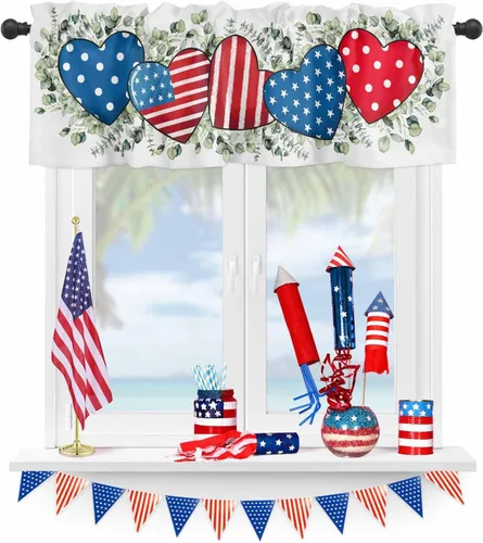 Cortina de cenefas para el 4 de julio, diseño de corazón y bandera americana, cortina patriótica para ventanas de cocina, rojo, blanco y azul,