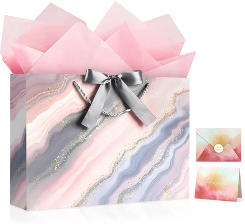 Miniatura 18 de JMANNI Bolsas de regalo, 3 piezas de tamaño mediano con cinta de lazo, bolsa de regalo de papel portátil, patrón de mármol, para cualquier ocasión