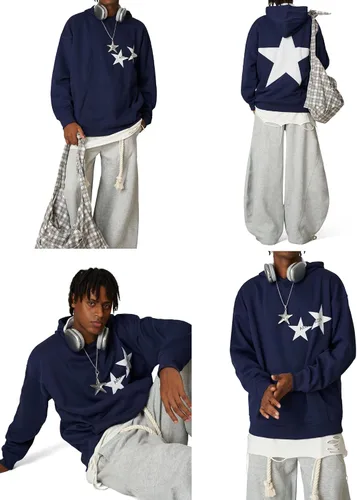 Miniatura 4 de Aelfric Eden Sudaderas con capucha Y2k con estampado de estrellas, de gran tamaño, con cuello redondo de los años 90, sudadera de manga larga