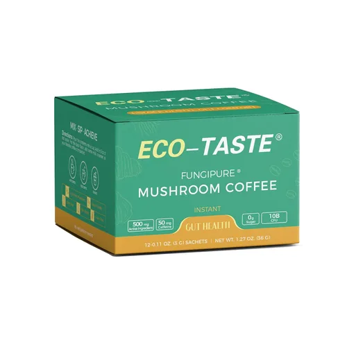 ECO-TASTE Mezcla de café de hongos, diseñada para la salud intestinal con chaga, melena de león, cola de pavo, yacón y probióticos - 12 sobres