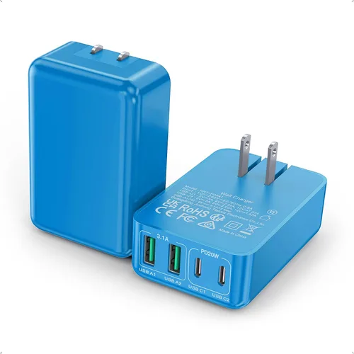 Miniatura 15 de Paquete de 2 bloques de carga USB C planos, 40 W, 4 puertos, cargador rápido de 20 W, bloque de carga tipo C, cargador de pared USB de 3.1 A, doble