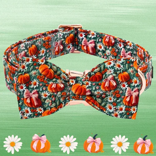 Miniatura 3 de Elegant little tail - Collar de otoño para perros, collares de Halloween para mascotas con corbatín, lindo estampado de flores y calabaza, collares