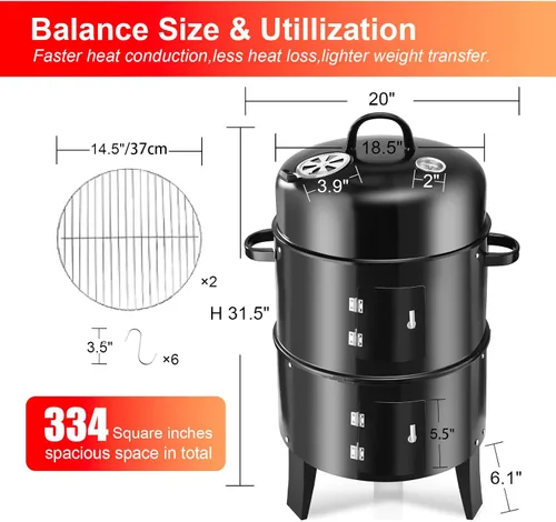 Miniatura 2 de Parrilla vertical redonda de carbón de 19 pulgadas, ahumador de barbacoa de alta resistencia para ahumar al aire libre, pellets de múltiples capas