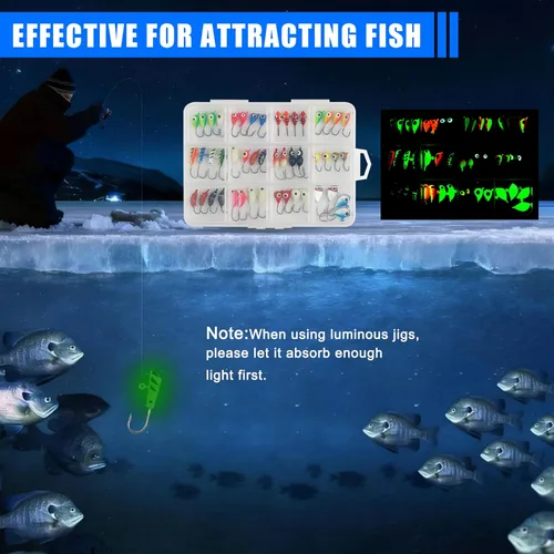 Miniatura 5 de Ice Fishing Jigs Lures kit, Luminous Ice Fishing Gear Crappie Panfish Jigs Head Fishing Hooks Set for Winter Ice Jigging Walleye Perch Bluegill