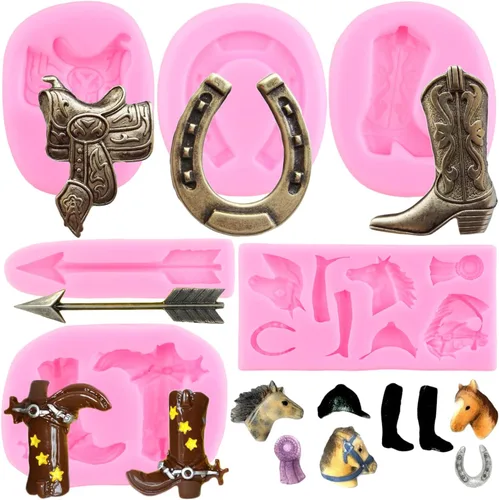 Miniatura 10 de ZiXiang Moldes de silicona de vaquero occidental, cabeza de toro, plumas, flechas vaqueras, botas de herradura, molde para fondant, molde de cactus