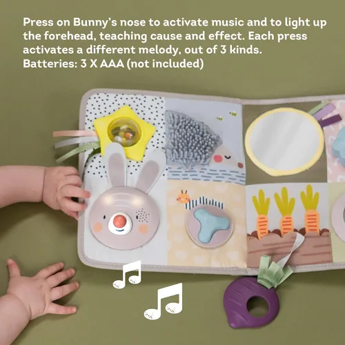 Miniatura 9 de Taf Toys Tablero de actividades para recién nacidos y niños pequeños con música y luces, 13 actividades Montessori, espejo seguro para bebés