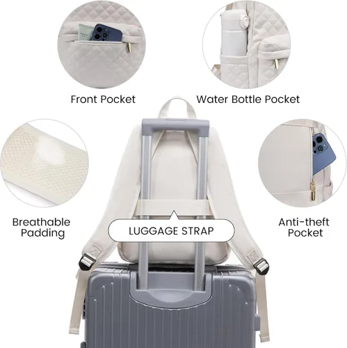 Miniatura 4 de LOVEVOOK Mochila pequeña acolchada para mujer, mochila de cuero, impermeable, para viajes de trabajo, Beige, Compacto
