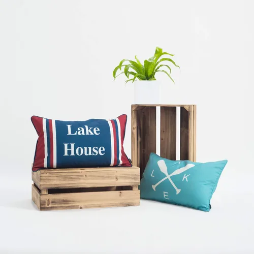 Miniatura 2 de Hofdeco Funda decorativa de almohada lumbar solo para interiores y exteriores, lona resistente al agua, verano, lago, azul marino, rojo, palabra