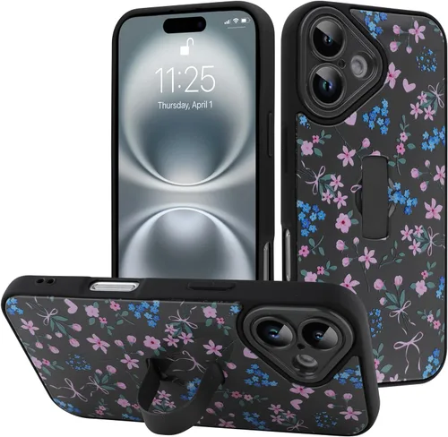Miniatura 91 de Funda diseñada para iPhone 17 Pro Max con soporte plegable y correa para dedos, bonito patrón de lazo de corazón de flor rosa para mujeres y niñas