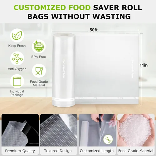 Miniatura 3 de Bonsenkitchen Bolsas Selladoras al Vacío, Rollos de 11 pulgadas x 50 pies Paquete de 2 Bolsas de Sellado para Almacenamiento de Alimentos, Sin BPA