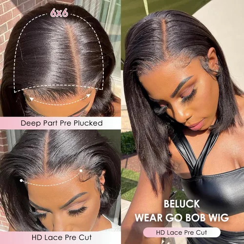 Miniatura 2 de Beluck Peluca de cabello humano lacio de densidad 250, sin pegamento, precortada 3 en 1, precortada 3 en 1, peluca de 15A 6x6 HD, con cierre