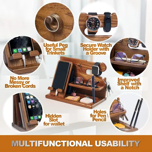 Miniatura 3 de TESLYAR Estación de acoplamiento de teléfono de madera con soporte para llaves de ceniza soporte para cartera organizador de relojes para hombres