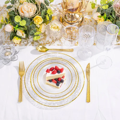 Miniatura 7 de Ciaell 350 piezas de platos de plástico transparentes con ribete dorado para 50 invitados, incluye 100 platos de plástico, 50 servilletas Claro
