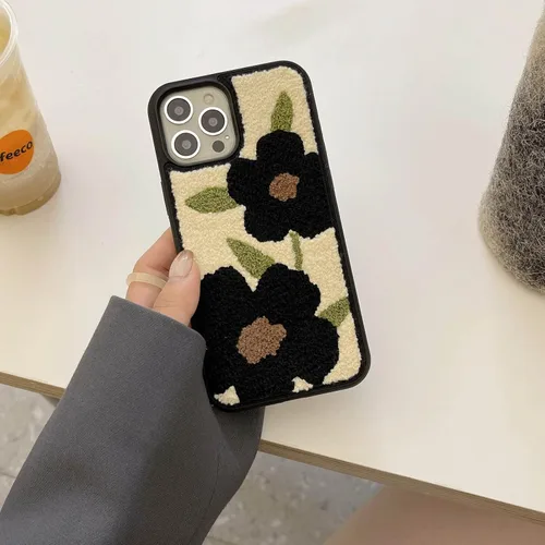 Miniatura 6 de Bonita funda para teléfono compatible con iPhone 14 Pro, diseño femenino retro de flores negras con diseño floral, delgada, suave y esponjosa, Black