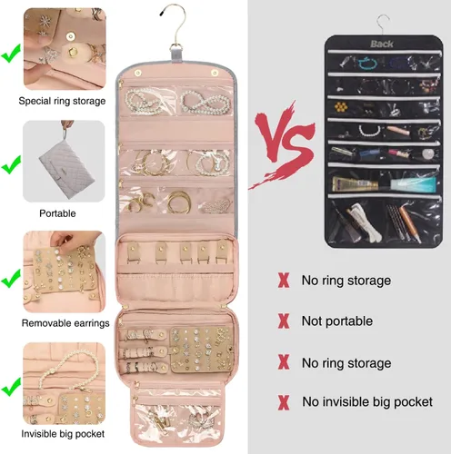 Miniatura 3 de Rollo organizador de joyas de viaje con bolsillos con cremallera, bolsa grande para colgar joyas para anillos, aretes, collares, pulseras, broches