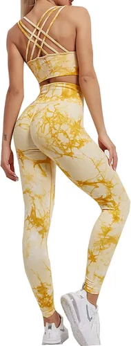 YuMENo Conjuntos de entrenamiento de teñido anudado para mujer, 2 piezas, sin costuras, cintura alta, leggings de yoga con brasier deportivo, ropa