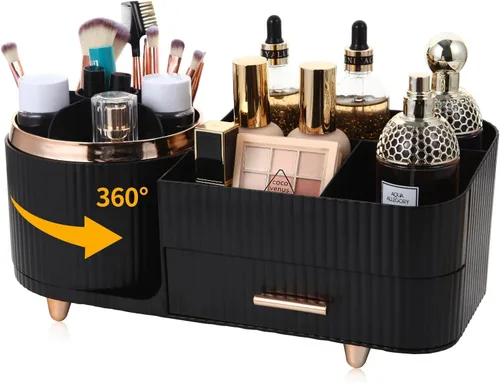 Organizador de maquillaje para encimera con cajón, rotación de 360 grados, soporte para brochas, almacenamiento de gran capacidad, vitrinas